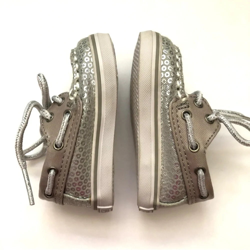 Sperry Topsider Faux Silver Sequin Lace Up Bahama Crib Jr Boat Shoes Baby US 1 M